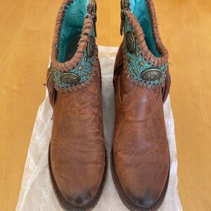 S1 - Women's Corral Cognac Turquoise Concho Fringe Ankle Boots, size 37